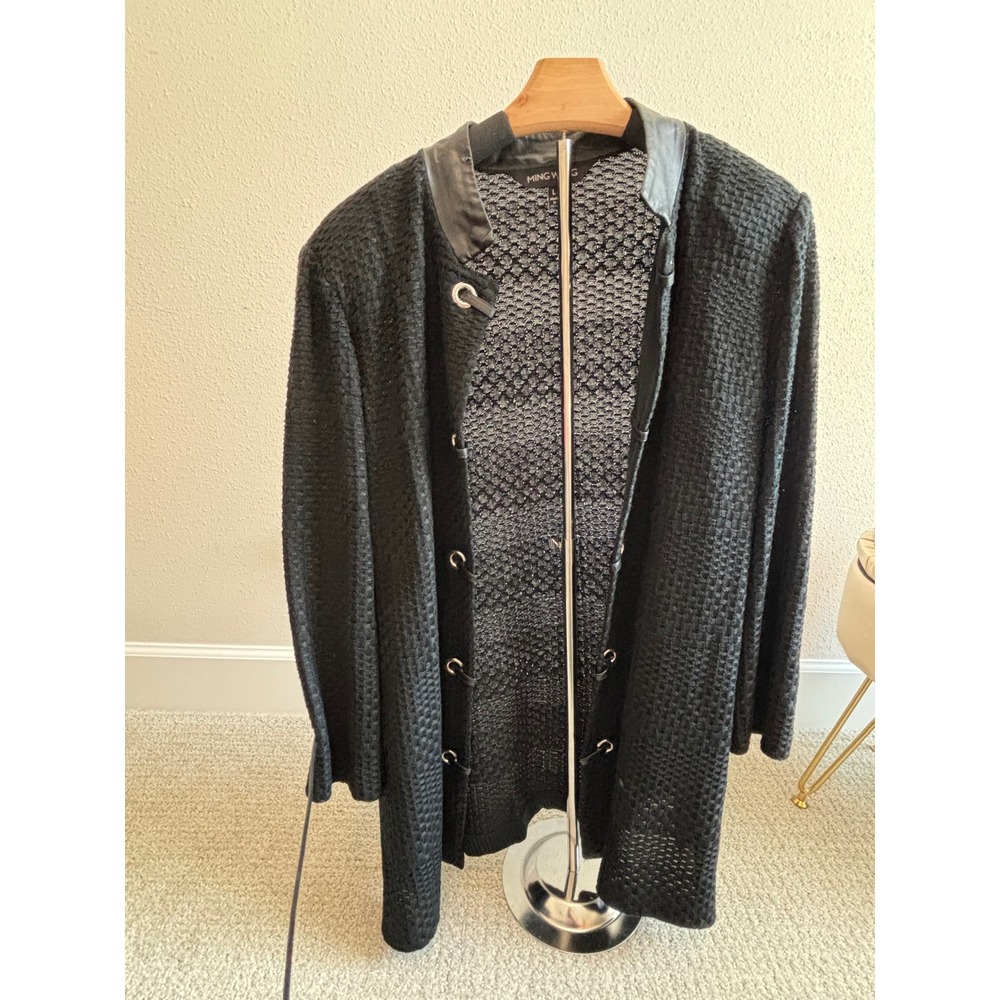 Ming‎ Wang Longline Cardigan Women L Black Faux Leather Trim Knit Jacket